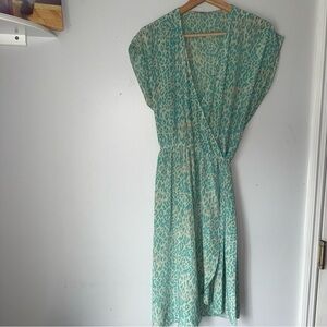 Tucker Silk Cheetah Print Green Turquoise Wrap Belted Shirt Dress